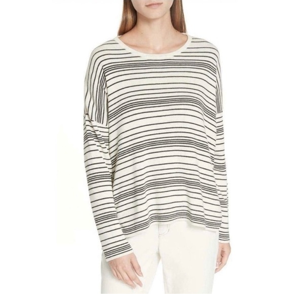 Eileen Fisher Boxy Fit Oversized 100% Organic Cotton Striped Sweater Ivory Black - Picture 1 of 16